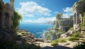 Ancient chapel built on cliff, overlooking blue water generated by AI