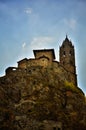 Ancient Chapel Saint Michel de Aiguilhe standing at a very steep volcanic needle Le Puy en Velay, France