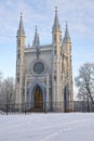 Ancient chapel of St. Prince Alexander Nevsky close-up. Alexandria Park. Peterhof