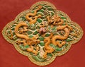 Fretwork in the form of a dragon on the red wall in the Forbidden City. Beijing Royalty Free Stock Photo