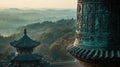 Ancient Chinese Bell and Temple View Over Mountains Royalty Free Stock Photo