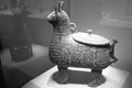 The ancient Chinese big animal shape bronze container, black and white image