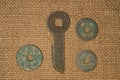 Ancient Chinese bronze coins on old cloth Royalty Free Stock Photo