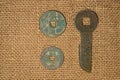 Ancient Chinese bronze coins on old cloth Royalty Free Stock Photo