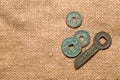 Ancient Chinese bronze coins on old cloth Royalty Free Stock Photo