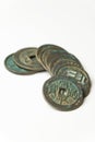 Ancient Chinese bronze coins on white background Royalty Free Stock Photo