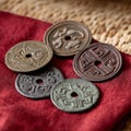 Ancient Chinese coins on a red cloth with woven background. Royalty Free Stock Photo