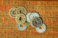 Ancient Chinese coins on a text back