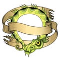 Ancient chinese exotic green dragon illustration with paper ribbon Royalty Free Stock Photo