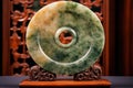 ancient chinese jade bi disc on display stand