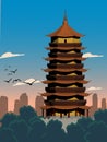 Ancient  Chinese pagoda architecture with city skyline and blue sky background illustration Royalty Free Stock Photo