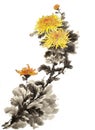 Ancient Chinese traditional hand brush and ink painting -Chrysanthemum: auspicious flower