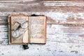 Ancient Christian prayer book with old spectacles, Old Slavic language in the book Royalty Free Stock Photo