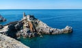 Panoramic landscape of San Pietro Church and cliff from Doria castle. Portovenere, Liguria, Italy Royalty Free Stock Photo