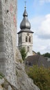 Ancient churchtower, in Stolberg town, against blue sky