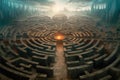 Ancient circular stone labyrinth in fantasy landscape with a radiant orb of light at its center Royalty Free Stock Photo