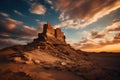Ancient Citadel on Rocky Outcrop Overlooking Vast Desert Expanse Under Cirrus Clouds. Generative AI