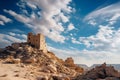 Ancient Citadel on Rocky Outcrop Overlooking Vast Desert Expanse Under Cirrus Clouds. Generative AI