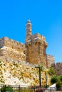 Ancient Citadel - Tower of David. Hot summer sunset. Monumental walls of Jerusalem. The height of the walls is 12 meters
