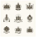 Ancient Citadels emblems set. Heraldic vector design elements collection. Retro style label, heraldry logo Royalty Free Stock Photo