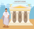 Ancient citizen near roman pantheon temple building with columns, antique culture vector poster