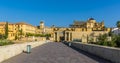 The ancient city of Cordoba, Spain approached across the Roman bridge over the Guadalquivir river