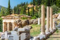 Ancient city of Delphi with ruins of the temple of Apollo. Royalty Free Stock Photo