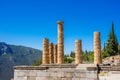 Ancient city of Delphi with ruins of the temple of Apollo. Royalty Free Stock Photo