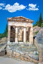 Ancient city of Delphi with ruins of the temple of Apollo. Royalty Free Stock Photo