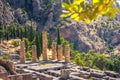 Ancient city of Delphi with ruins of the temple of Apollo. Royalty Free Stock Photo