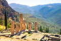 Ancient city of Delphi with ruins of the temple of Apollo. Royalty Free Stock Photo