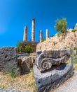 Ancient city of Delphi with ruins of the temple of Apollo. Royalty Free Stock Photo