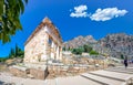 Ancient city of Delphi with ruins of the temple of Apollo. Royalty Free Stock Photo