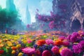 An ancient city full of flowers, multicolored summer flowers background with vivid intense colors. Generative Ai