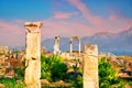 Ancient city of Hierapolis and a statue of Pluto or Hades at dawn