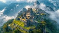 Ancient city in Peru, archeological site in the middle of tropical mountain forest, beautiful panorama with mountains and clouds