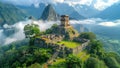 Ancient city in Peru, archeological site in the middle of tropical mountain forest, beautiful panorama with mountains and clouds