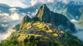 Ancient city in Peru, archeological site in the middle of tropical mountain forest, beautiful panorama with mountains and clouds