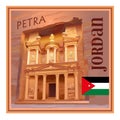 The ancient city of Petra, Jordan. Al Khazneh is a treasury. Tourist attraction. Square option. Souvenir magnet. Vector illustrati Royalty Free Stock Photo