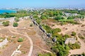 The ancient city of Side. Old city, amphitheater, columned street, city wall. Turkey. Shooting from a drone