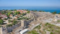 The ancient city of Side. Peninsula. Amphitheater in Side. Tyukhe Temple. Agora. Ruins of the ancient city. Turkey. Shooting from