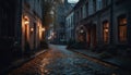 Ancient city street illuminated by electric lamps in gothic style generated by AI