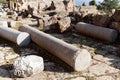 Ancient city of Syedra, Turkey. Old ruins of antique building, historic old columns lying on the ground. Selective focus Royalty Free Stock Photo