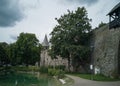 Ancient city wall and tower with ditch in Andernach, Germany