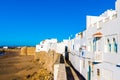 Ancient city wall of white medina of the town Asilah at ocean coast, Morocco Royalty Free Stock Photo