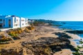 Ancient city wall of white medina of the town Asilah at ocean coast, Morocco Royalty Free Stock Photo