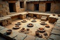 Ancient clay courtyard with stone containers and artifacts Royalty Free Stock Photo
