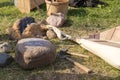 Ancient clay forge, furs, hammer and other tools