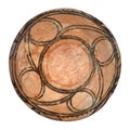 An ancient clay plate with a linear pattern on a white background