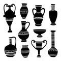 Ancient clay vases. Egyptian and Hellenic pots, amphoras and jugs. Art and crafts concept. Hand drawing black